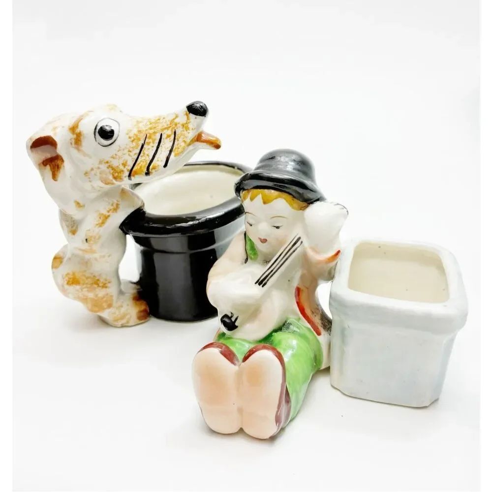 VTG Occupied Japan Porcelain Dog and Boy with Banjo Toothpick Holders